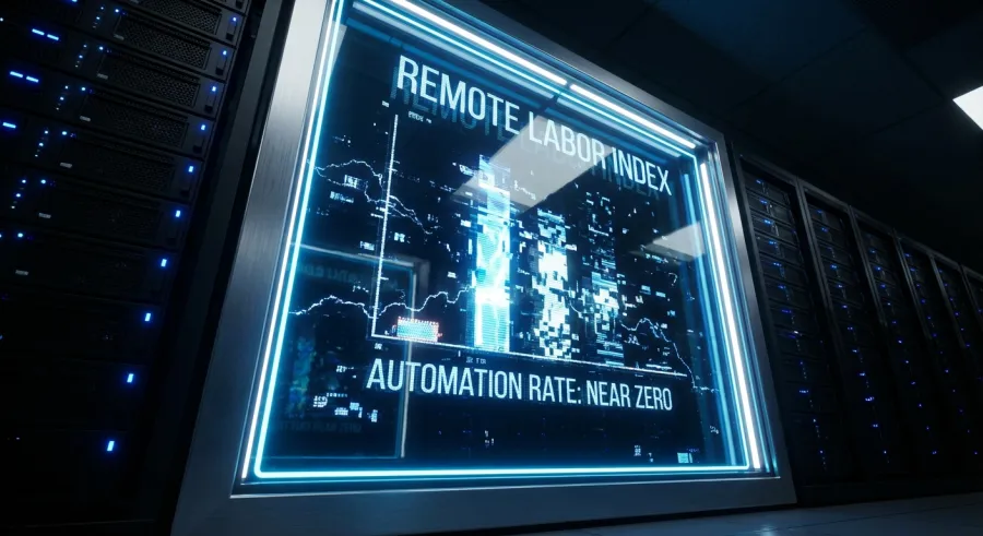 A digital leaderboard illustrating the low automation rates of AI models on the Remote Labor Index