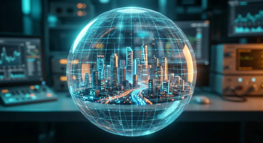 A high-fidelity digital simulation city representing AI World Models and simulated reality