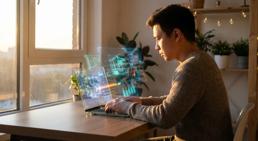 Creative professional working with holographic interfaces in a home environment