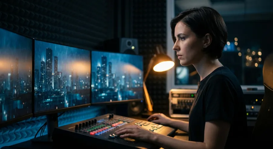 A professional video editor working in a dark studio setting with Vidu AI software on a monitor