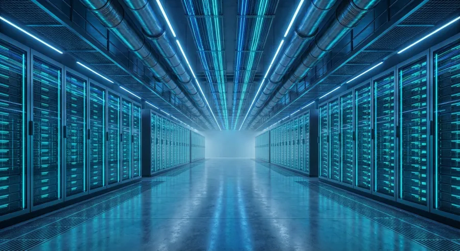The interior of a massive high-tech data center with glowing server racks representing AI infrastructure