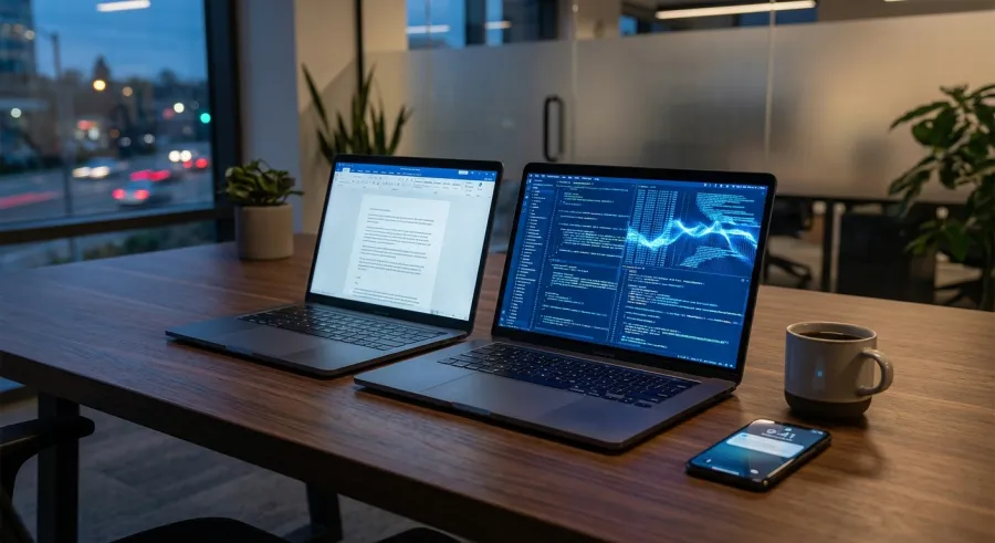 Sam Altman's two-laptop setup illustrating AI as a digital teammate