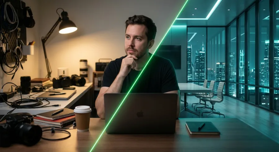 A professional content creator curating their digital identity using GPT Proto and green screen backgrounds to transform a home workspace