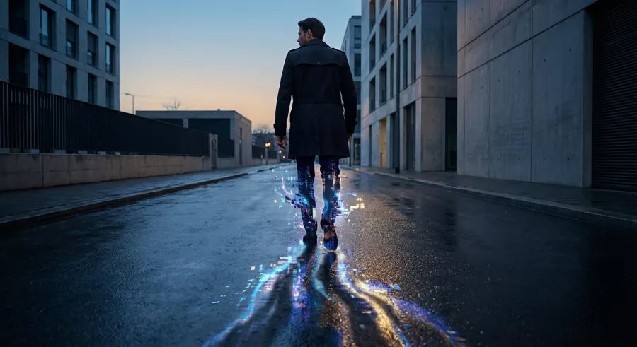 AI video generation glitch showing a person's leg dissolving into the pavement