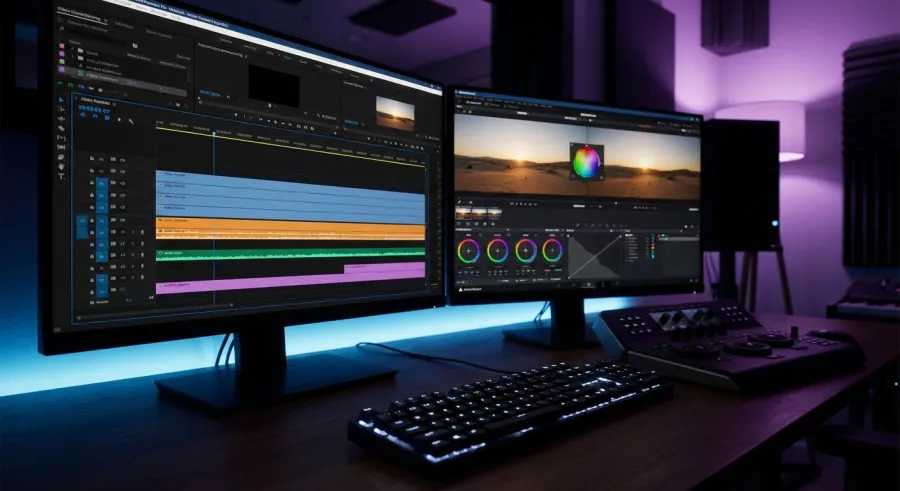 Organized professional video editing project folder structure and timeline