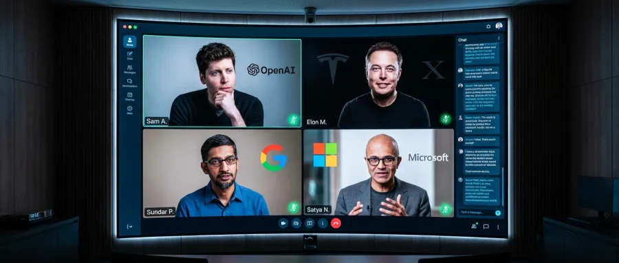 AI-generated video conference interface showing public figures with accurate spatial orientation