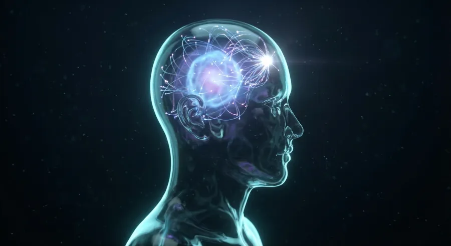 Visualization of Doubao 1.5 Pro deep thinking reasoning process with glowing neural network