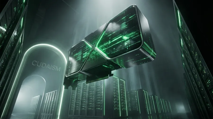 Futuristic Nvidia Blackwell GPU architecture in a temple-like datacenter representing Cudaism