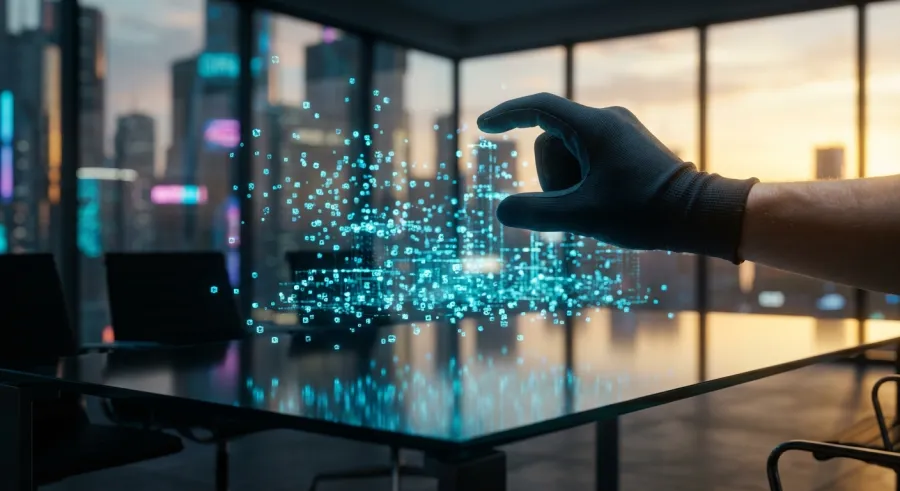 A holographic command interface representing autonomous AI agents in an Enterprise AI Integration workflow.