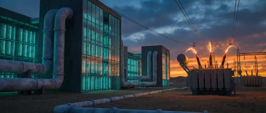 Massive futuristic data center industrial complex representing the global race for compute