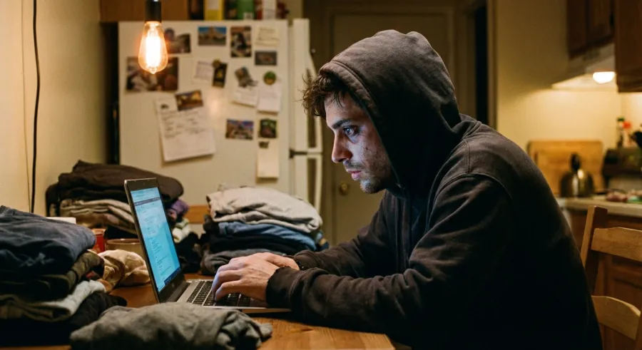 Grant Lee working in a cramped London apartment pitching his AI startup idea