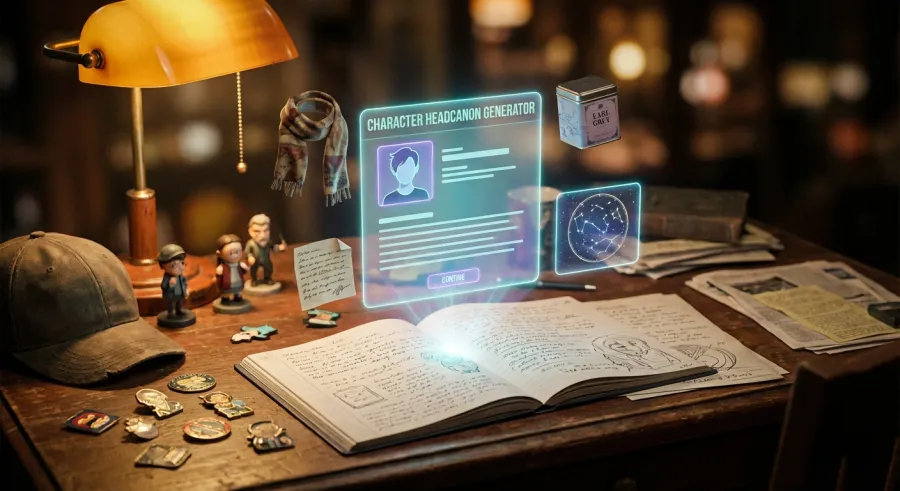 A digital artist desk featuring a holographic character headcanon generator interface