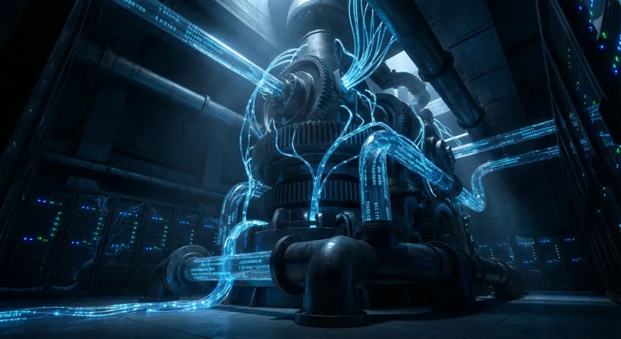 A sophisticated industrial turbine infused with digital neural networks symbolizing multi-model Enterprise AI Integration.