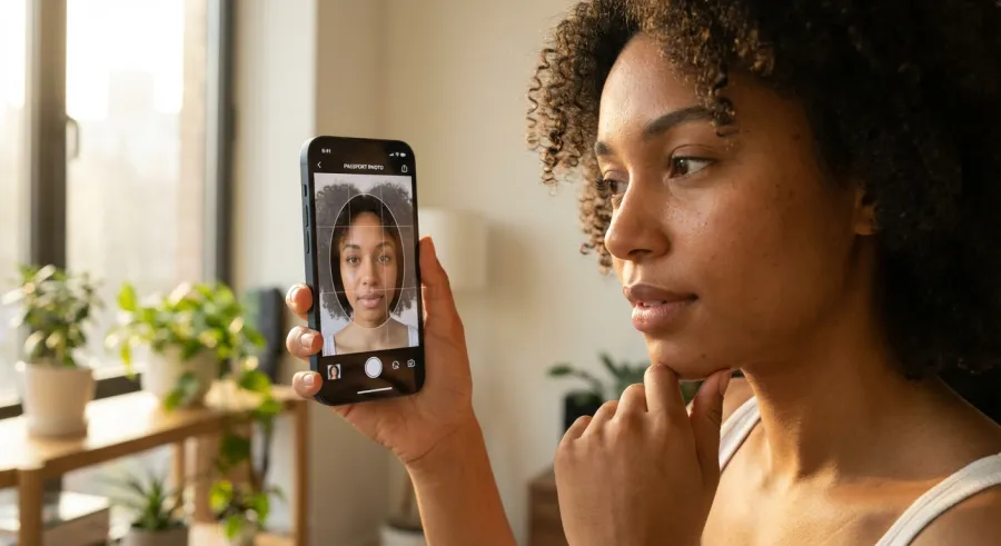 A user taking an on-demand passport photo using a smartphone at home