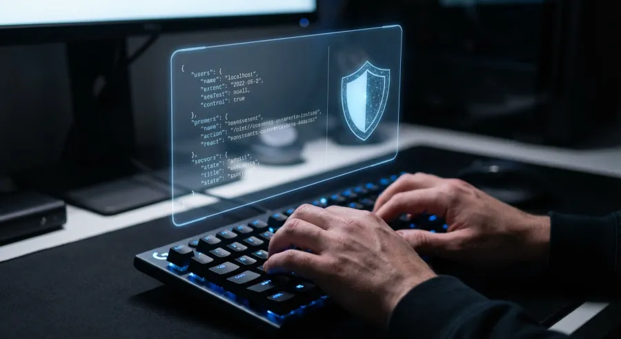 Secure developer workspace showing encrypted code and a glowing security shield
