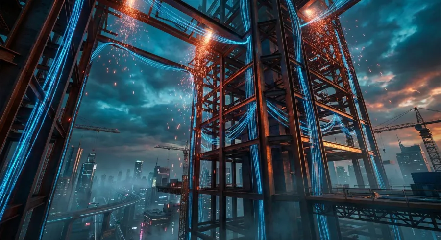 Futuristic construction with steel and glowing blue light illustrating the revolutionary material of AI
