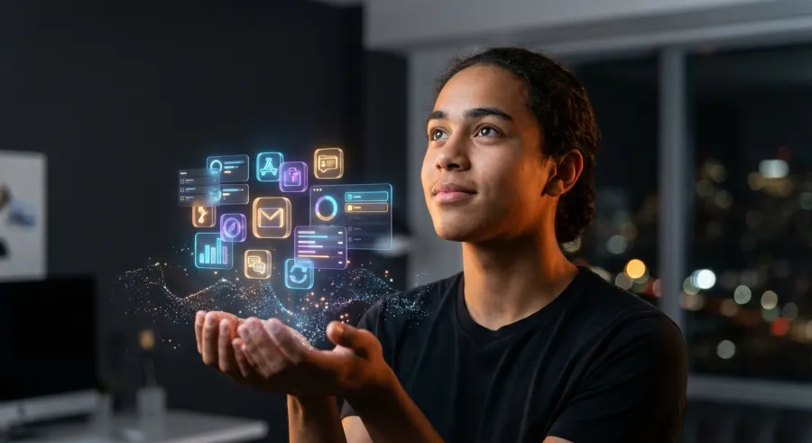 A visionary creator using Vibe Coding to manifest personalized digital tools through intuitive AI interaction