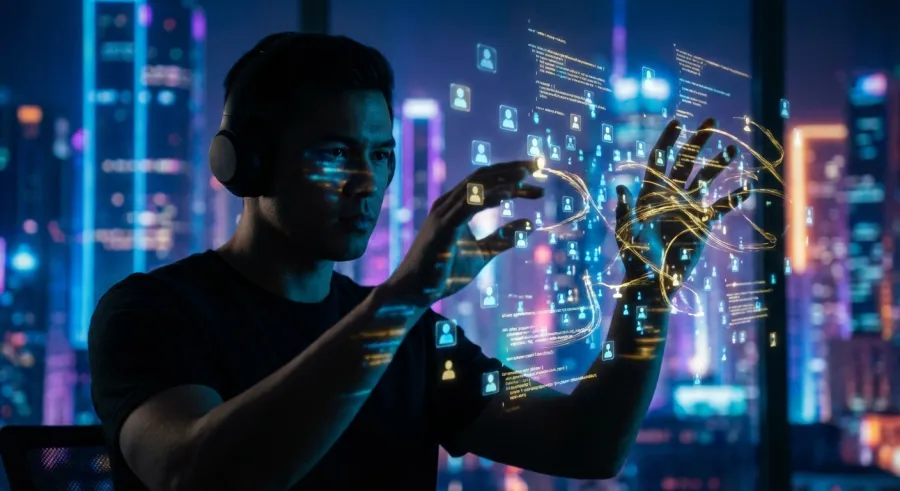 Holographic swarm of AI agents being managed by a developer, illustrating the Vibe Coding revolution