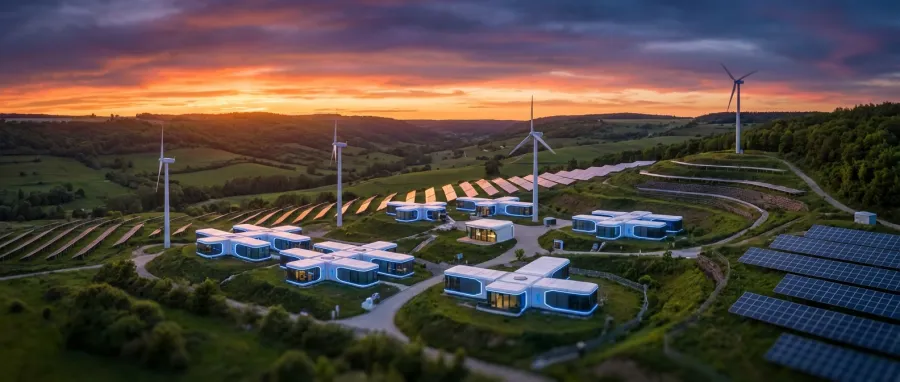 Futuristic modular data center integrated with renewable energy sources like solar and wind power