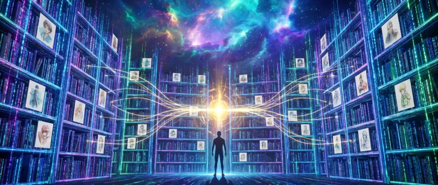 Infinite digital library visualization representing the growth of character headcanon generator content