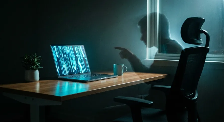 Developer collaborating with a digital ghost OpenAI AI assistant to verify code safety and shortcuts