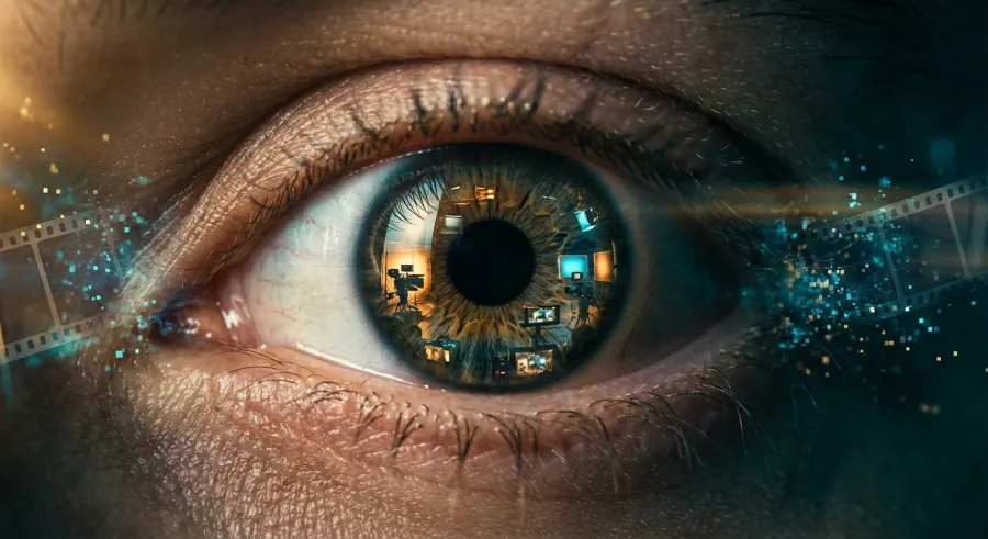 Macro shot of a human eye reflecting a digital film set showing high fidelity in runway gen 3