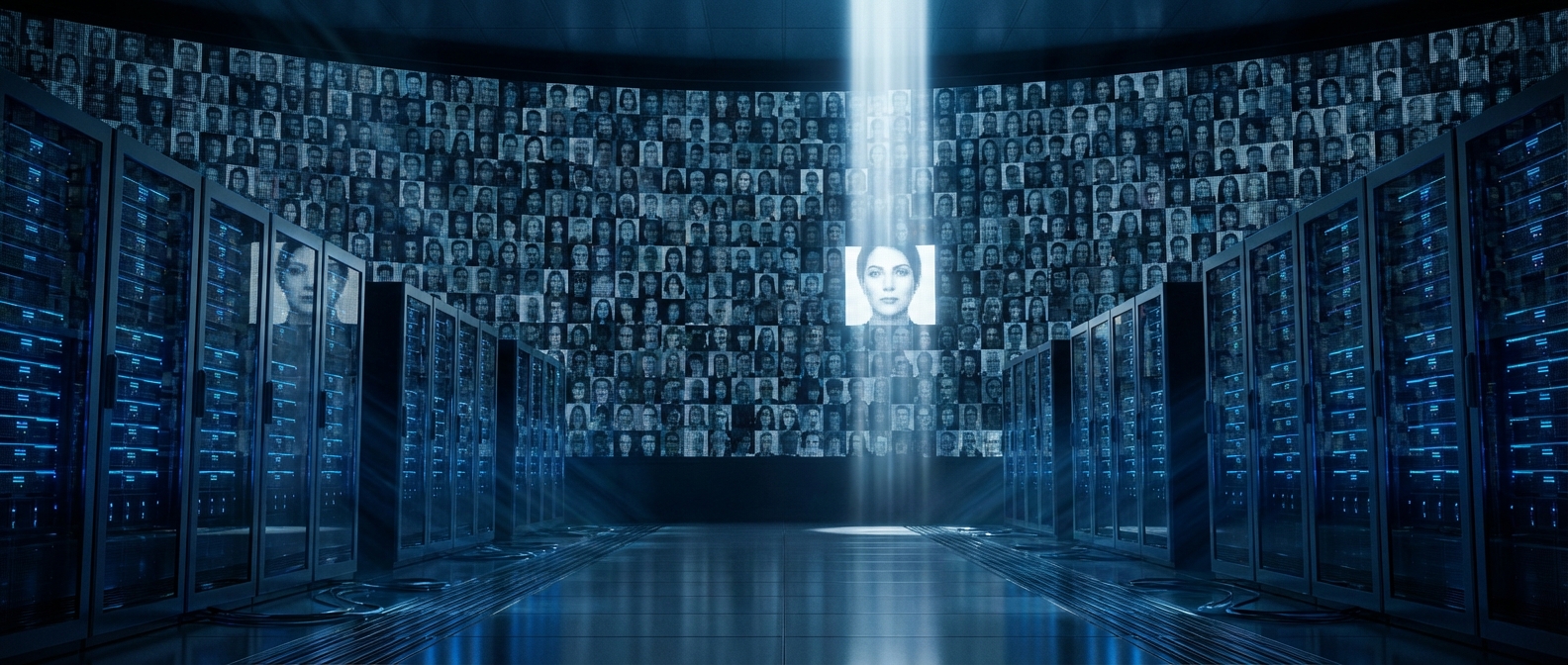 Facial recognition grid in a data center scanning profiles for the cheater buster ai