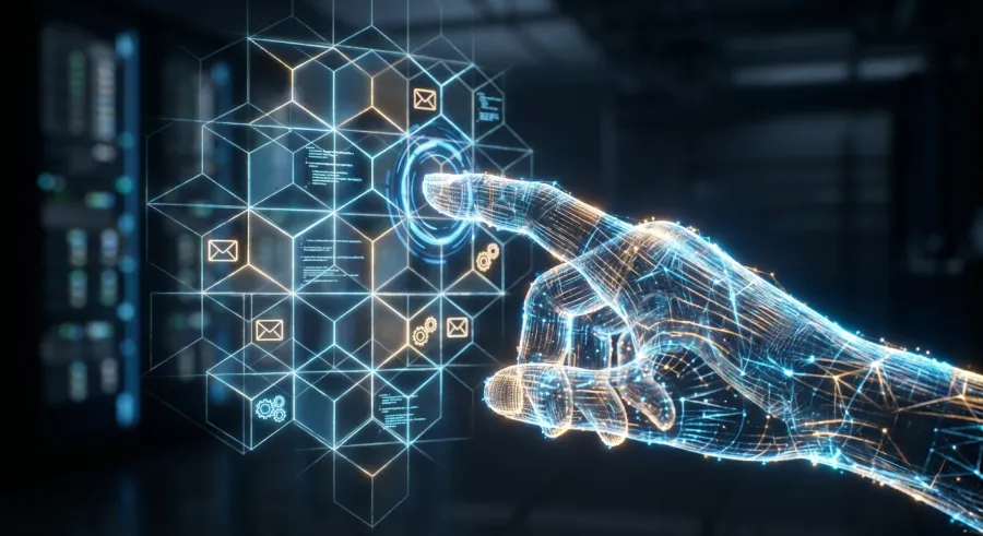 Digital representation of an autonomous AI agent managing complex workflows and tool usage