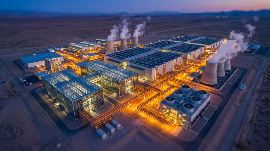 Massive industrial AI factory complex and bitbarn infrastructure at twilight