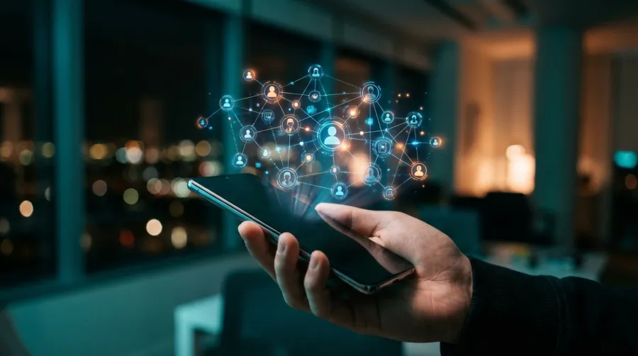 Cheater buster ai digital investigation showing a smartphone projecting data nodes and social profiles