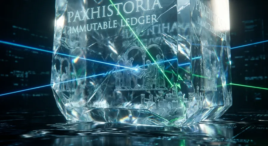 Crystalline monolith representing the immutable ledger of paxhistoria