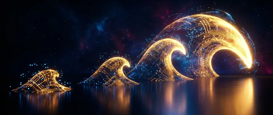 A chart showing the exponential growth of tech waves from PC to Generative AI following the Rule of 3