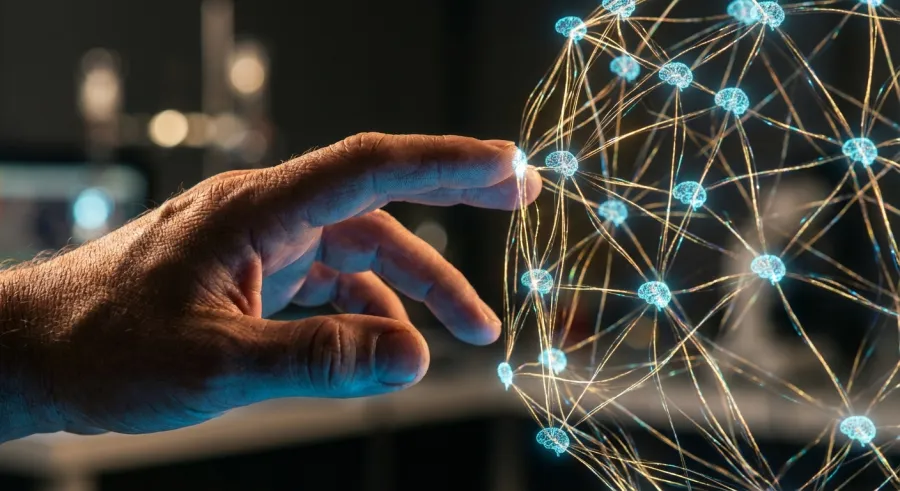 Human interaction with a digital neural network lattice representing the future of AI