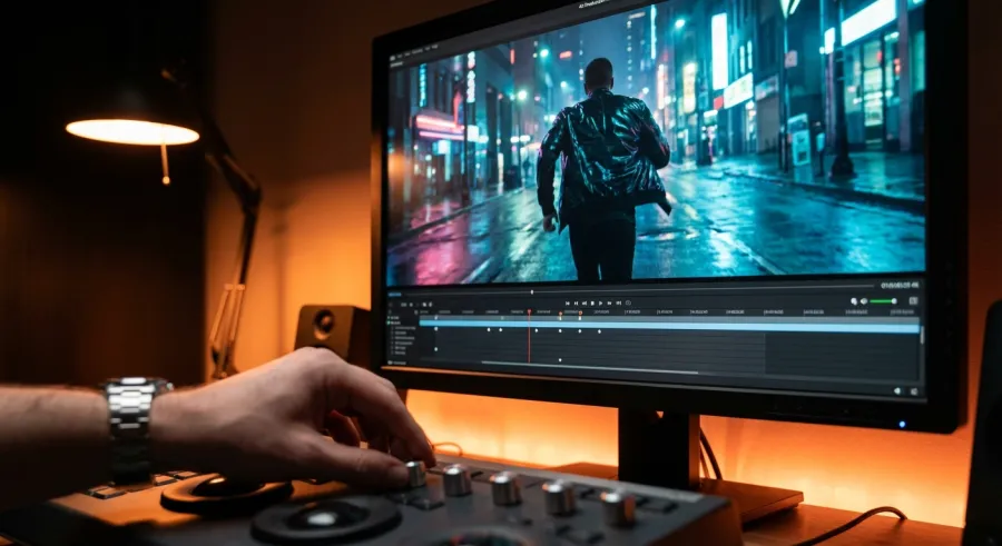 Professional editing monitor showing a high-quality cinematic film scene generated by WAN 2.5