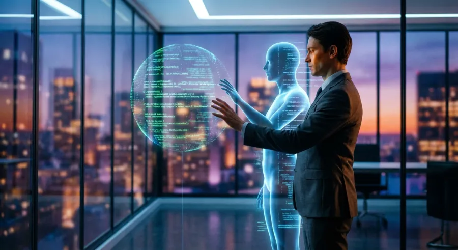 Human engineer collaborating with a glowing AI digital teammate