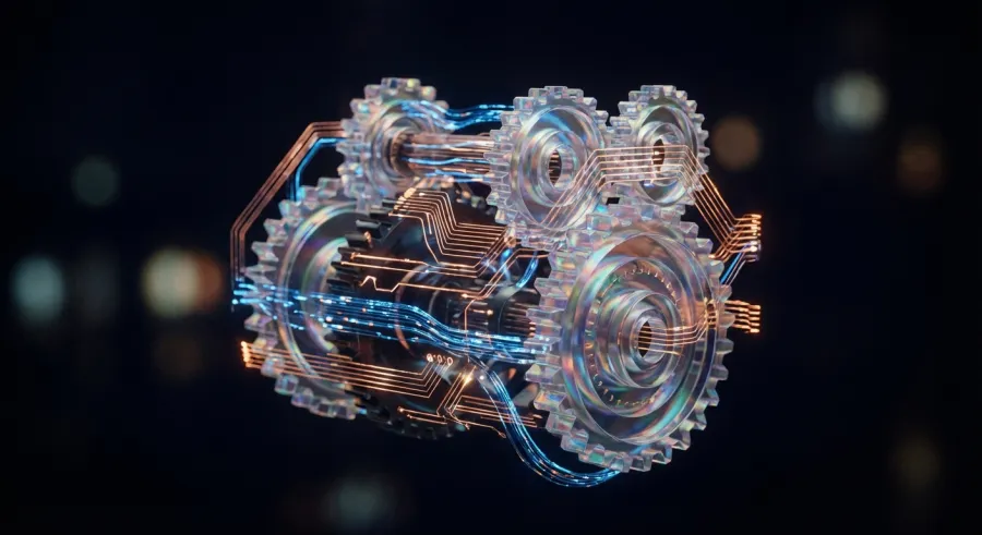 Abstract holographic gears and data streams showing the transition to an AI design-centric economy