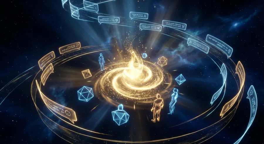 Conceptual art of a futuristic immersive chat room featuring glowing avatars and spatial data particles