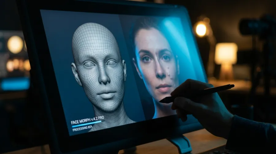 A professional designer monitor displaying a face transformation process using remaker ai in a creative studio.