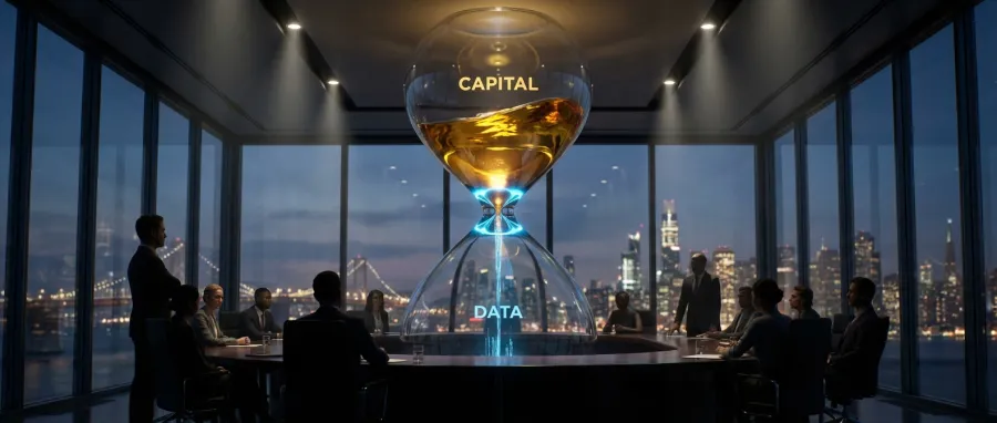 A visual representation of capital filtering through a narrow hourglass in a futuristic boardroom, depicting the concentration of venture capital in the performance elite.