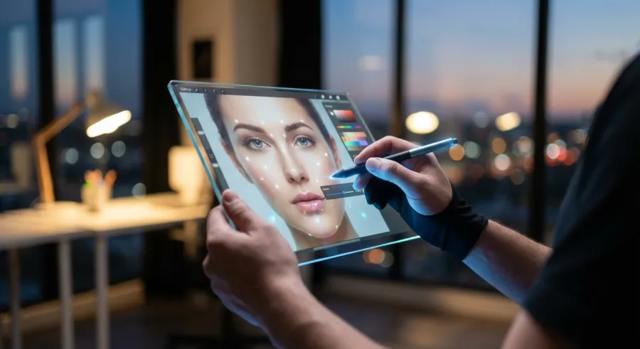 Digital artist using a glowing brush on a translucent interface for Seedream 5.0 image editing