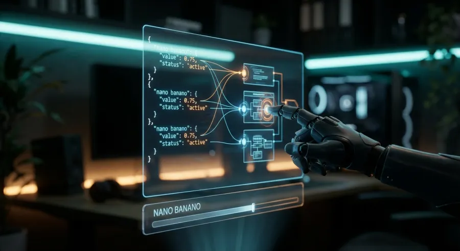 Professional digital workspace showing JSON prompt structures for nano banano automation
