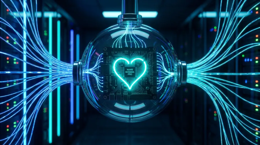 Futuristic representation of nano banana pro as a glowing core in a high-tech computing environment