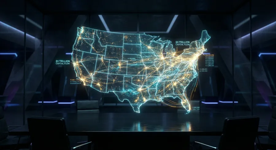 Holographic map showing AI investment and infrastructure growth across the United States