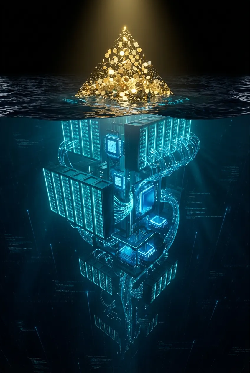 A digital iceberg representing the hidden depth of AI cloud infrastructure