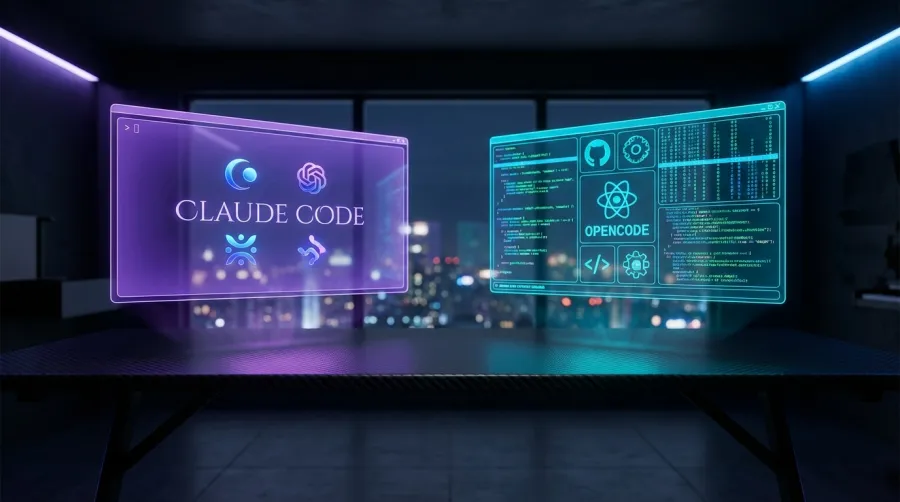 Visual comparison of terminal-based and GUI-based coding environments for opencode vs claude code