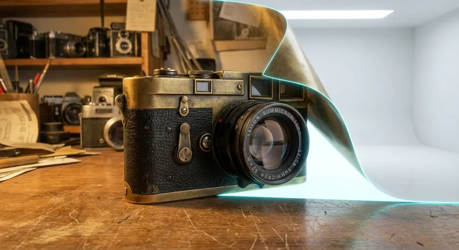 A professional camera on a desk showing the background being digitally removed by an ai background remover