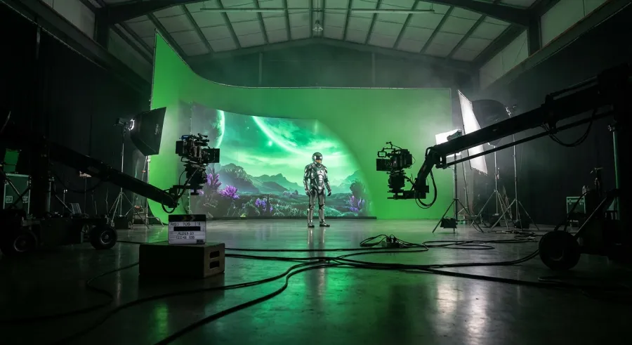Actors and superheroes performing in front of a professional studio green screen