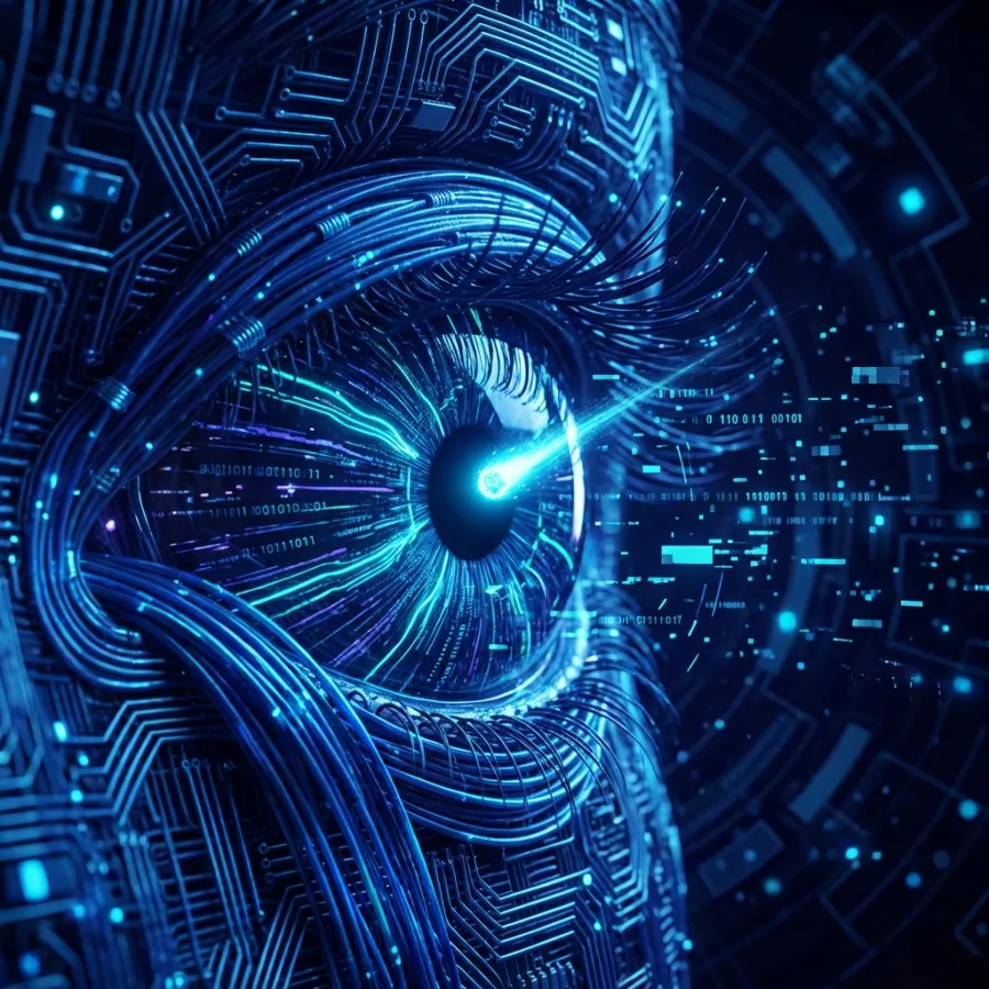 A conceptual digital eye representing surveillance and privacy trade-offs in AI browsing