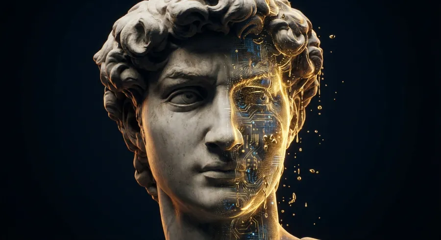 Classical marble statue being reconstructed by digital light representing the lovart ai digital renaissance