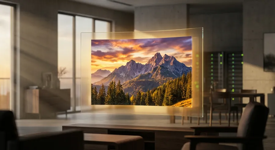A high-tech digital display showcasing a hyper-realistic landscape created through an advanced image upscale process.